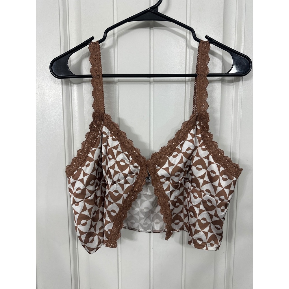 Princess Polly Brown White Geometric Lace Trim Crop Cami Top Size US 10